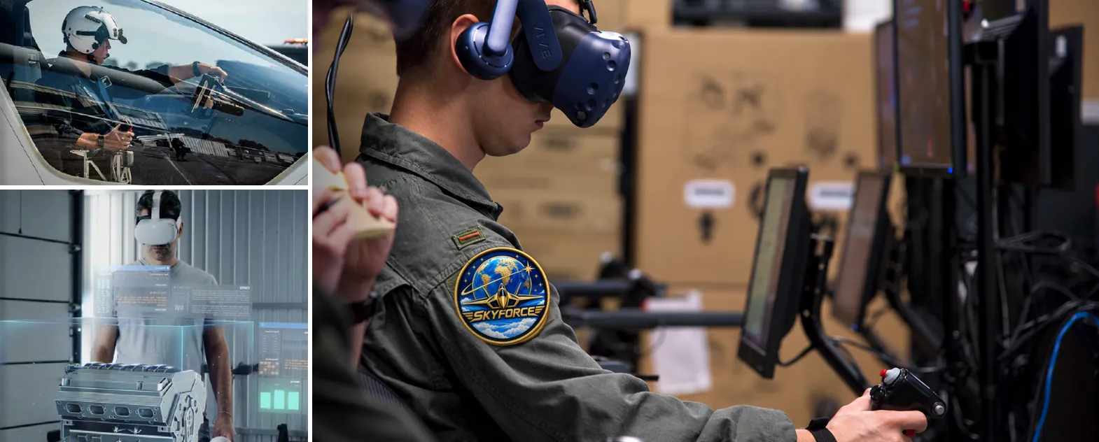 SkyForce pilot training in a cockpit, a technician working on an engine digital twin in VR, and a SkyForce trainee flying a VR simulator